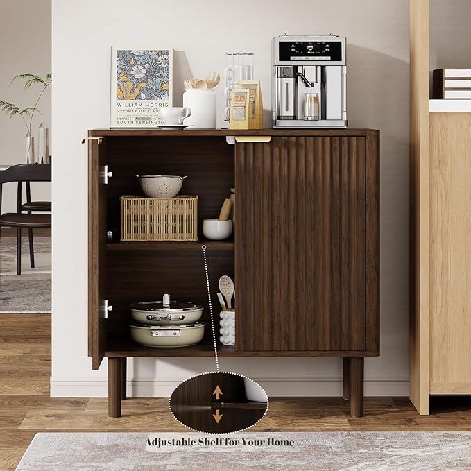 IKALIFE Sideboard Buffet Cabinet with Storage, Modern Fluted Accent Credenza with Doors & Adjustable Shelves, Wood Coffee Bar Console Table for Living Room, Dining Room, Kitchen, Entryway 31.5"Walnut