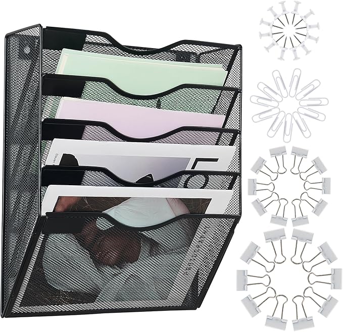 LEKETREE Hanging Wall File Organizer with Office Assorted, 5 Pockets Mesh Wall Mounted Hanging File Folders, Mail Organizer, Holder Rack for Mail, Paper, Document, Binder, Magazine, Menu (Black)