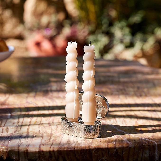 Travel Size Shabbat CANDLESTICKS: Jewish Nickel Filigree Box with Inlaid Hebrew Cover and Blue Stones for 2 Candles