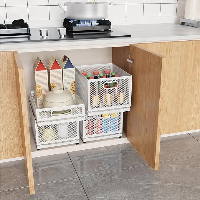 Pull Out Cabinet Organizer, Slide Out Drawers Fixed with Adhesive Nano Film, Pantry Shelves Sliding Drawer Storage Organization for Kitchen (Double Layer 19.7 * 13.8 * 16.5inch/50 * 35 * 42cm)