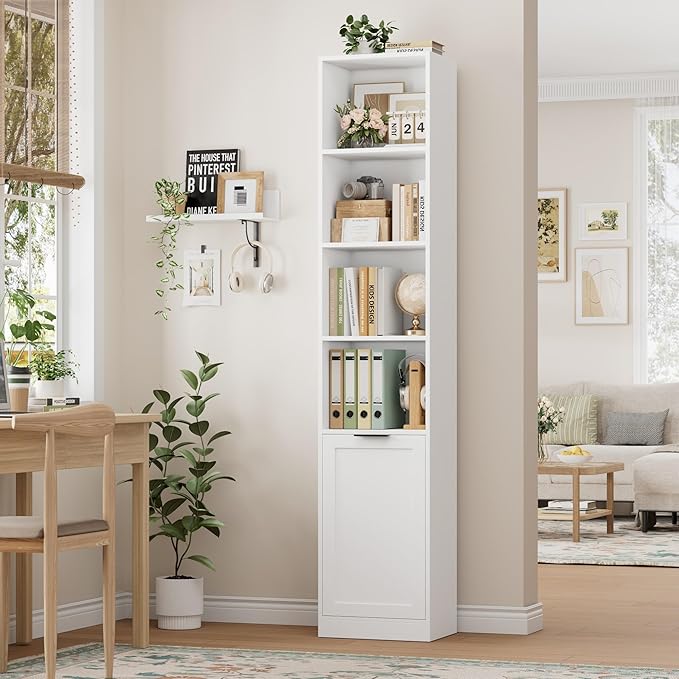 FACBOTALL 73.5" Tall Narrow Bookshelf, Tall Bathroom Storage Cabinet, Slim Bathroom Cabinet with Doors, 6 Tier Slim Bookshelf with Storage, Narrow Storage Cabinet for Living Room, Home Office, White
