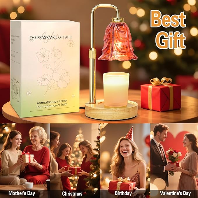 XJZJY Candle Warmer Lamp with Timer Dimmer, Adjustable Height Green Tulip Candle Wax Warmer, Christmas Birthday Gift for Mom Women, House Warming Gifts for New Home Bedroom Decor (Flower Crimson)