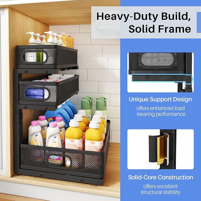 Under Sink Organizer, 1-Pack 3-Tier Thickened Metal Pull out Cabinet Organizer Shelf, Height Adjustable Slide out Storage Drawer Rack for Kitchen Bathroom Pantry Laundry Home Office Organization