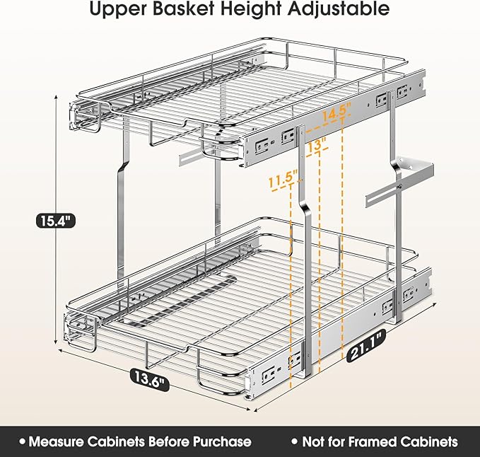 Delamu 14" W X 21" D Pull Out Cabinet Organizer, 2 Tier Heavy Duty Cabinet Shelf Organizers, Cabinet Slide Out Shelves for Kitchen, Pantry and Bathroom, Silver