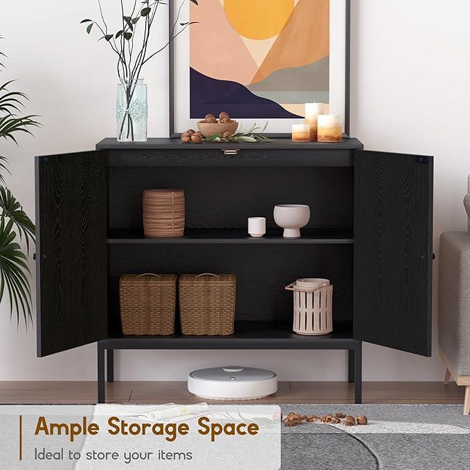 XIAO WEI Farmhouse Boho Sideboard Buffet Cabinet with Black Rattan Doors, Accent Credenza Console Storage Cabinet with Metal Legs for Living Room, Kitchen