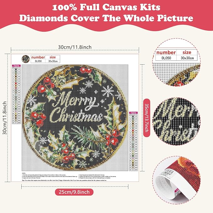 SENQAO Wreath Diamond Art Kits for Adult, Merry Christmas Diamond Painting Kits for Beginners, DIY Full Drill Winter Holdiay Rhinestone Diamond Dots Gem Painting Art Craft Home Decor 12 x12 Inch
