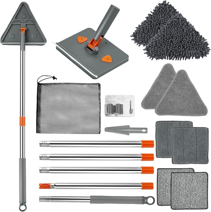Base Board Cleaner Tool with Handle, 360 Rotating Wall Cleaner Mop, 180 Folding Ceiling Tool Duster with Squeegee for Cleaning Wall, Ceiling, Window, Floor, 8 Replacement Cleaning Pads