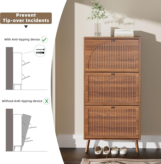 Fsbecl Shoe Storage Cabinet for Entryway with 3 Flip Drawers, Narrow Shoe Organizer with Fluted Panel, Freestanding Wood Hidden Shoe Cabinet for Hallway(Walnut, 23.6''W, Single Layer)