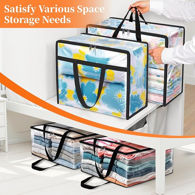 SpaceTrove Clear Clothes Storage Bags, 6 Pack Closet Organizers and Under Bed Storage Containers, Foldable Moving Bags with Zippers for Comforter, Blanket, Bedding, Duvet, PVC Packing Bags 60L