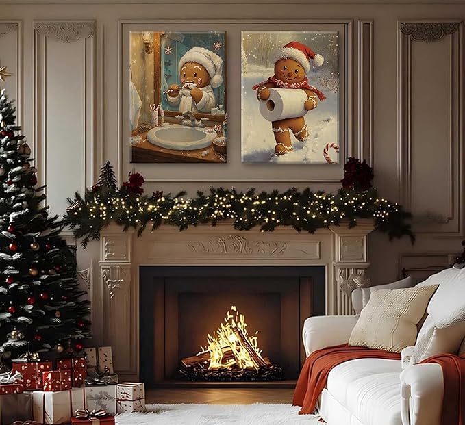 Paint by Number Kit for Adults & Kids, 2 Pack Christmas Gingerbread Men Scenes 16x20 Inch Unframed, DIY Acrylic Painting Kit with Brushes & Paints, Festive Humorous Home Art Decor