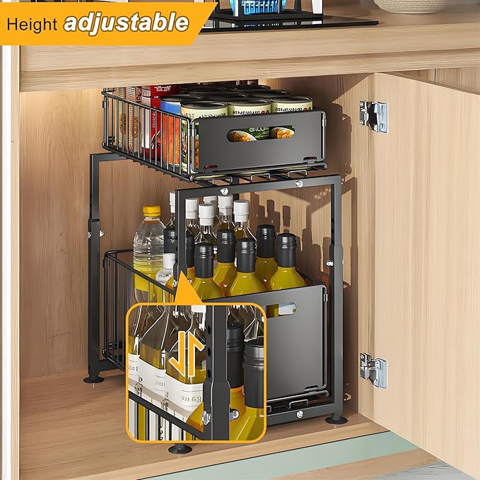 Under Sink Organizer, Pull Out Cabinet Organizer 2 Tier Slide Out Sink Shelf Cabinet Storage Shelves, Under Sink Storage for Kitchen Bathroom Cabinet, Black, 1 Pack
