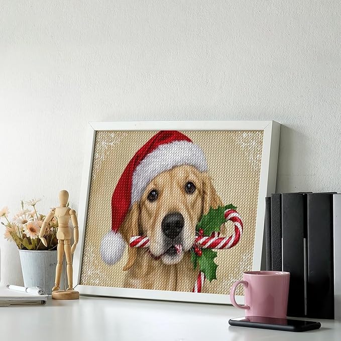 Diamond Painting Kits for Adults - Christmas Golden Retriever Puppy in Santa Hat with Candy Cane Painting DIY 5D Full Drill Diamond Dots Paintings with Diamonds Gem Art And Crafts Home Decor 16"x20"