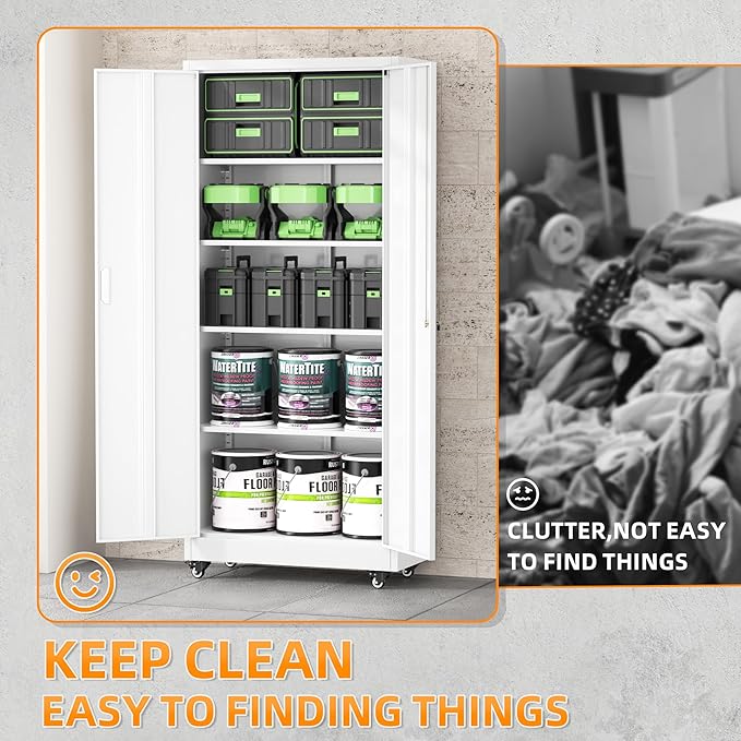 Superday 73" Metal Storage Cabinet with Wheels, Lockable Steel Utility Cabinet with 2 Doors and 4 Adjustable Shelves, Rolling Storage Cabinets for Garage, Home Office, Kitchen Pantry, White