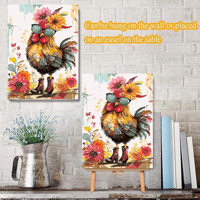 Meothan Framed Paint by Numbers Kits for Adults, Hen Chicken Adults Paint by Number with Framed on Canvas for Home Wall Decor 12x16inch (with Easel)