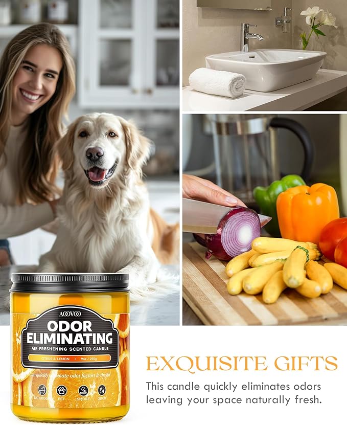 AOOVOO 4 Pack Citrus Lemon Odor Eliminating Highly Fragranced Candle - Eliminates 95% of Pet, Smoke, Food, and Other Smells Quickly, Non Toxic Air Freshing Soy Candle
