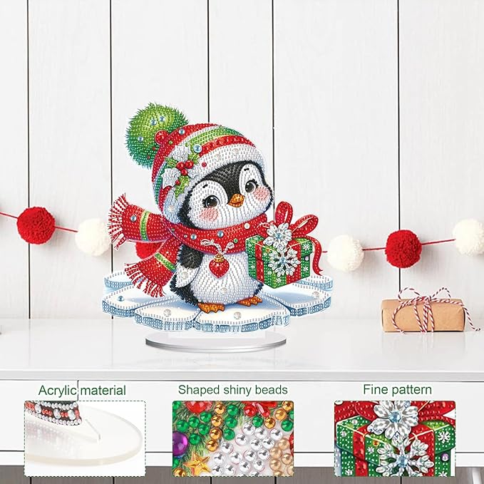 5D Diamond Art Ornament Kits Christmas Penguin, DIY Diamond Painting Desktop Ornaments, Special Shaped Crystal Rhinestone Diamond Art Table Top Home Office Christmas Decor (24x24.7cm)