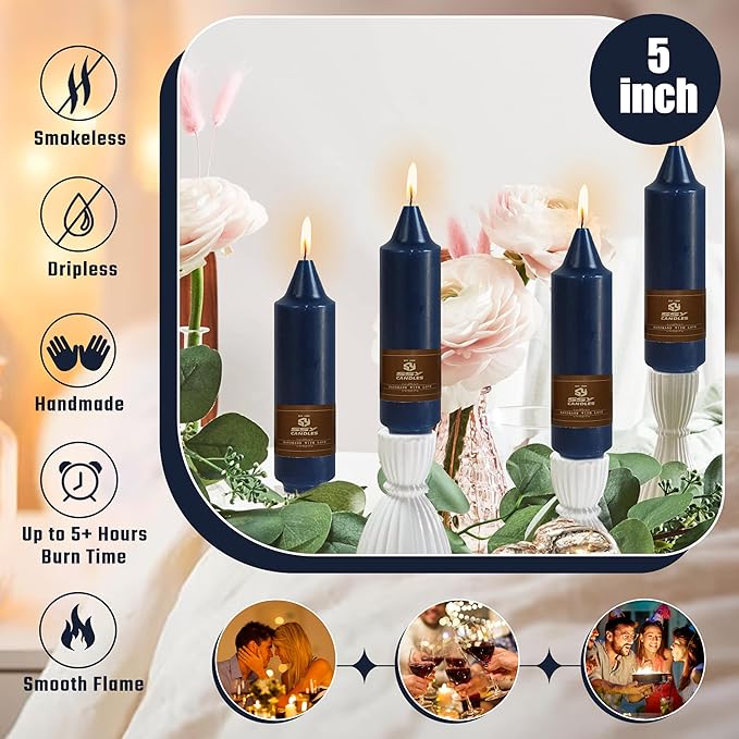 Navy Short Taper Candle 5 Inch Candlesticks Unscented Dripless Tapered Candle Set for Home Decor Wedding Party Dinner Candles, 4 Pack
