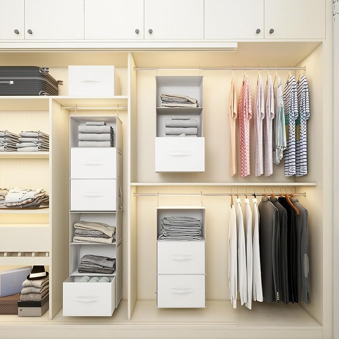 Twira 6-Shelf Hanging Closet Organizer, 2 Separable 3-Shelf Hanging Shelves, Hanging Storage with 3 Removanle Drawers 4 Side Pockets for Wardrobe, Nursery, Drom, Baby Clothes Organization White