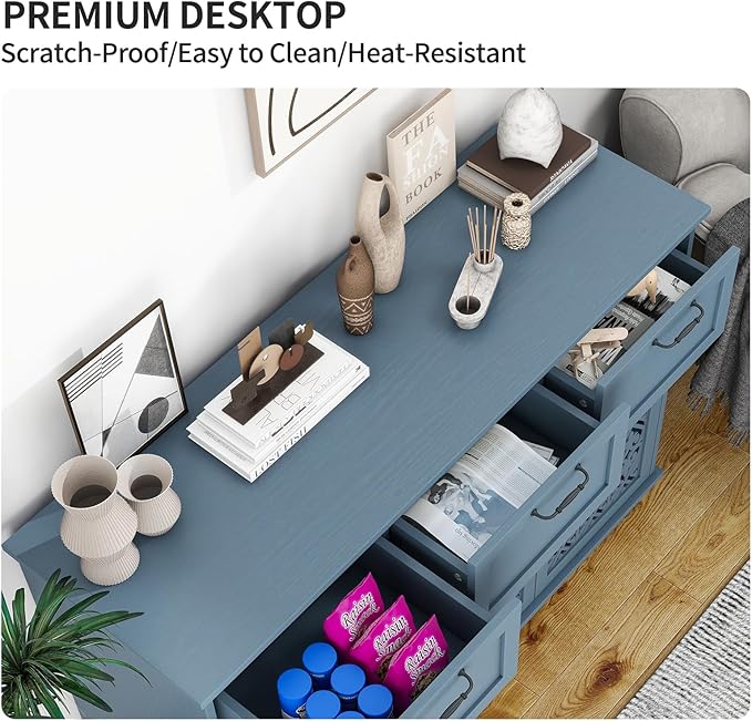 Blue 3 Doors 3 Drawers Buffet Sideboard Cabinet - Accent Cabinet with Adjustable Shelves，47 Inch Wide Wood Storage Cabinets for Dining Room,Living Room and Kitchen