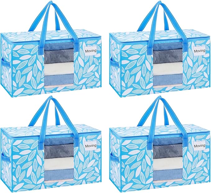 VENO 4 Pack Heavy Duty Moving Bags, Clothes and Comforter Storage Bags with Clear Window, College Dorm Essentials Packing Supplies, Foldable Boxes Alternative (Spring Breeze, 4 Pack)