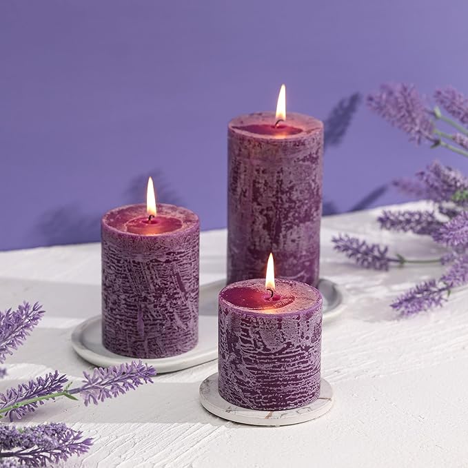 3x6 Inch Purple Pillar Candles Set of 3 - Hand-Poured Unscented Candles, Long Clean Burning, Large Big Candle, Smokeless Dripless Candle for Dinner Table, Wedding, Home, Bathroom, Advent Decor