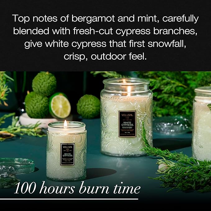 Voluspa White Cypress,Large Candle Jar,18 Ounce,100 Hour Burn Time, & Coconut Wax for Clean Burning,Handcrafted in The USA