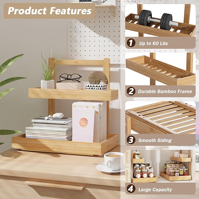 Bamboo Under Sink Organizer and Storage, 2 Tier Pull Out Cabinet Organizer, Slide Out Under Sink Storage Shelf, Undersink Organizers Shelves for Kitchen Bathroom Organization (Nature, 2 Packs)