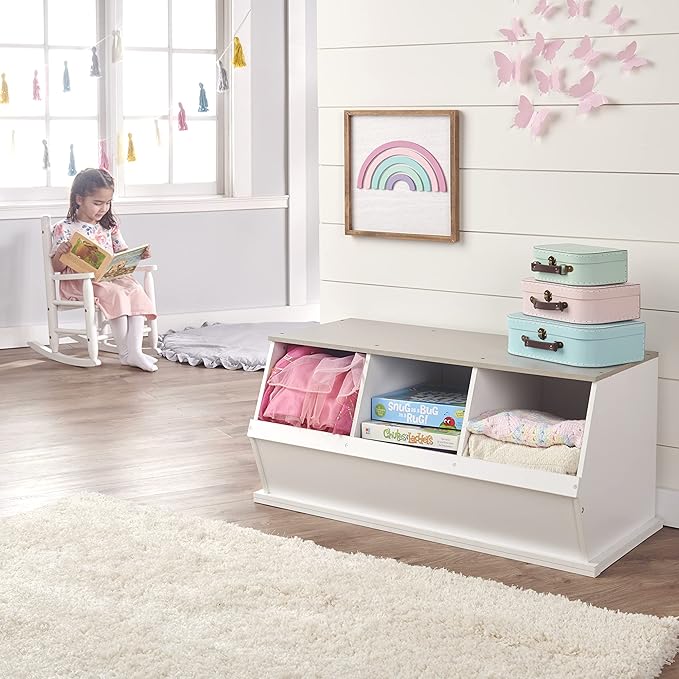 Badger Basket Three Bin Stackable Toy Storage Cubby Organizer - Expandable Modular Storage for Toys & Crafts - White/Gray Woodgrain