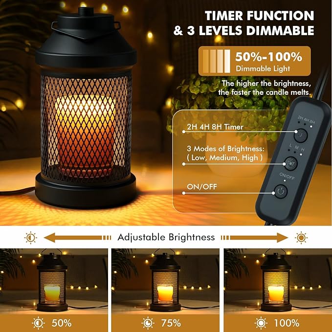Candle Warmer Lamp - Electric Candle Warmer with Timer & Dimming Function, Wax Melt Warmer for Home Fragrance and Home Décor, Bedside Lamp Lantern Birthday Gifts for Women Mom (Grid, 2 Bulbs Included)