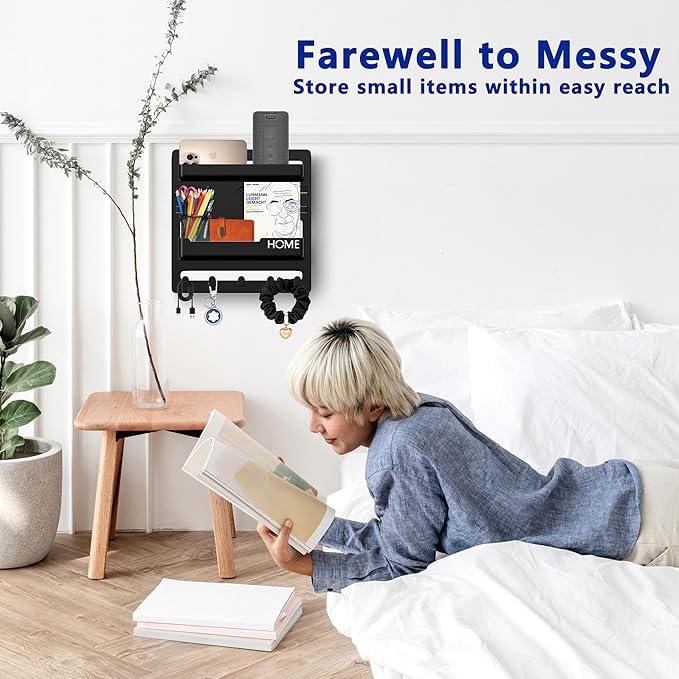 Bedside Shelf Wall Mount,Floating Bedside Adhesive Shelves Accessories,Wall Shelf Organizer and Storage for Bedroom,Camper,Dorm,Apartment-Phone,Earphone,Kindle,Remote Holder,Cable Clip,5 Hooks-Black