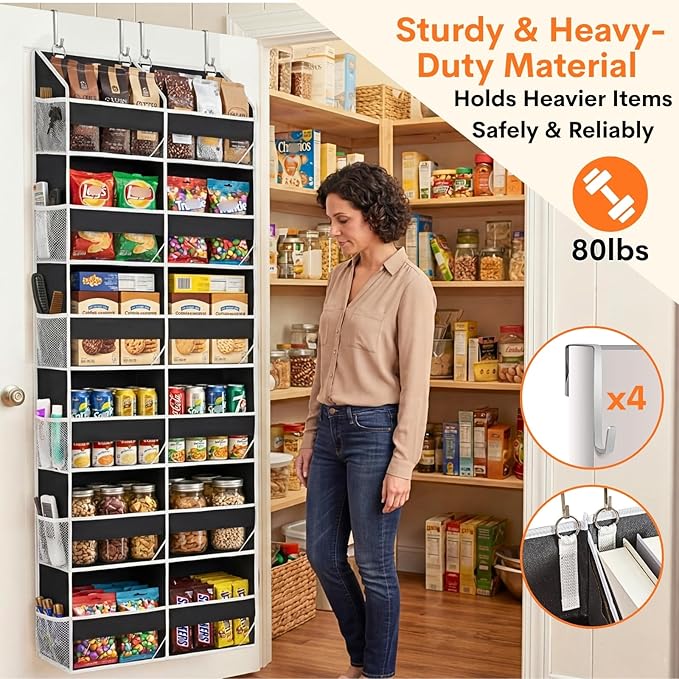 Over The Door Organizer 6 Tiers, Extra Large Behind Door Storage of 12 Compartments, 80 lbs Weight Capacity Hanging Storage Organizer with Clear Window Kids Toys, Shoes, Diapers, Room Storage,Black
