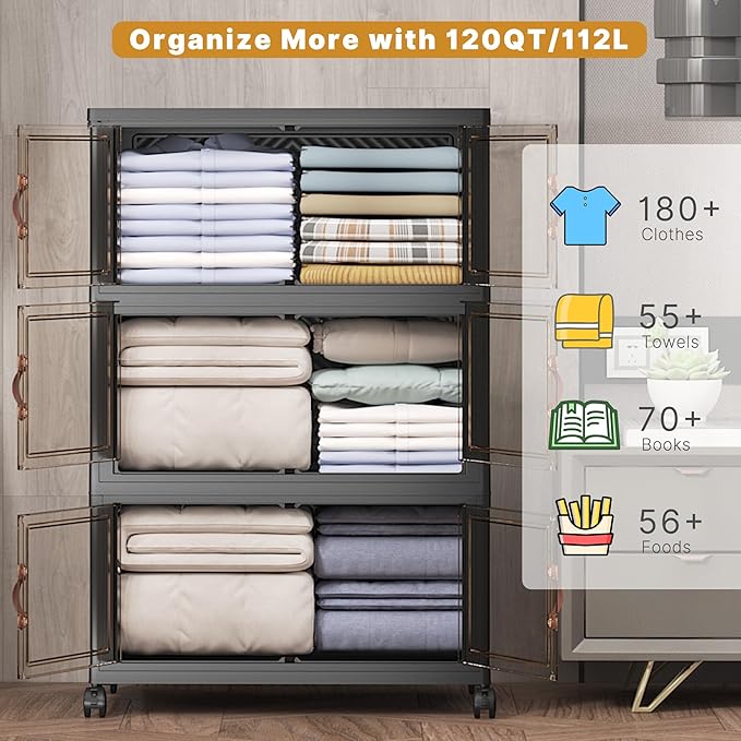 Extra Large Stackable Storage Bins with Lids & Wheels, Foldable Collapsible Closet Organizers Dark Storage Cabinet with Doors for Bedroom Dorm