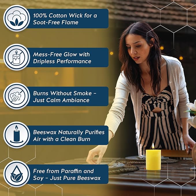 Alternative Imagination – 100% Pure Beeswax Candle – Medium 3x4 Inch Pillar – Long Lasting 60 Hour Burn – Non-Toxic, Unscented & Hypoallergenic – Natural Honey Aroma – Handcrafted from Real Beeswax
