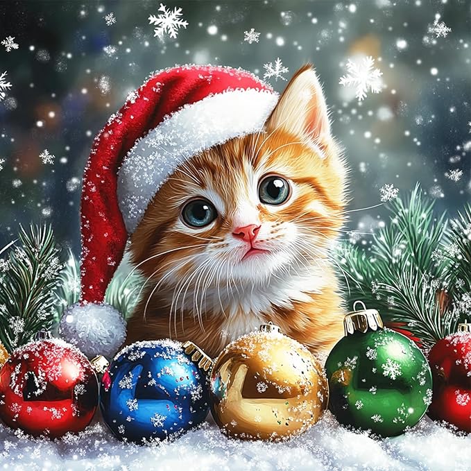 MEIYUDA Christmas Cat Diamond Painting Kits for Adults, 5D Cute Cat Diamond Art Kits for Beginners, DIY Gem Art Crystal Painting for Home Wall Decor and Present 12x12inch