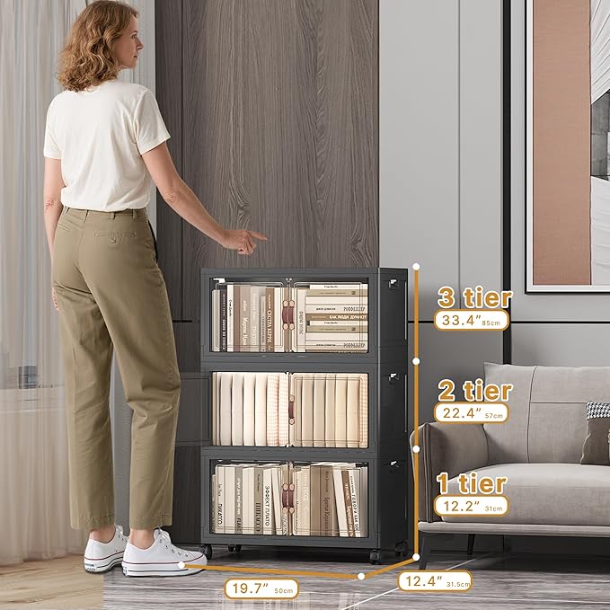 UAMFURI Extra Large Stackable Storage Bins with Lids & Wheels, Foldable Collapsible Closet Organizers Dark Storage Cabinet with Doors for Bedroom Dorm