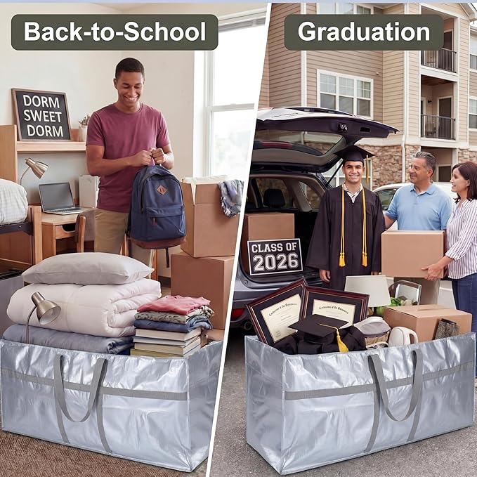 Windyun 4 Pack 177 Gallon Extra Large Moving Bags XXL Heavy Duty Storage Bag with Strong Zipper Handle Jumbo Big Tote Box Foldable for College Dorm Travel Clothes Duffle Blanket Pillow(Silver)