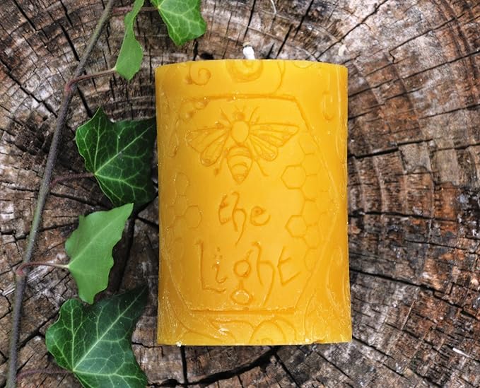 BeeTheLight Beeswax Pillar Candle - 100% Pure Bees Wax - Choose Your Size and Color - Up to 54 Hour Burn Time - Fits 3x4 Holder - Unscented - Natural Honey Scent (BeeTheLight Logo (Yellow), Medium)