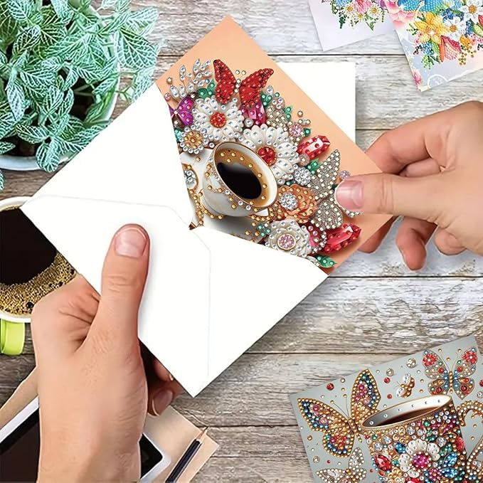 DoxQcs 5D Diamond Art Painting Greeting Cards Kit, DIY Cards for Blessings Congratulations Gifts, Greeting Card Set for Birthday Thanksgiving Day Christmas Halloween-Coffee