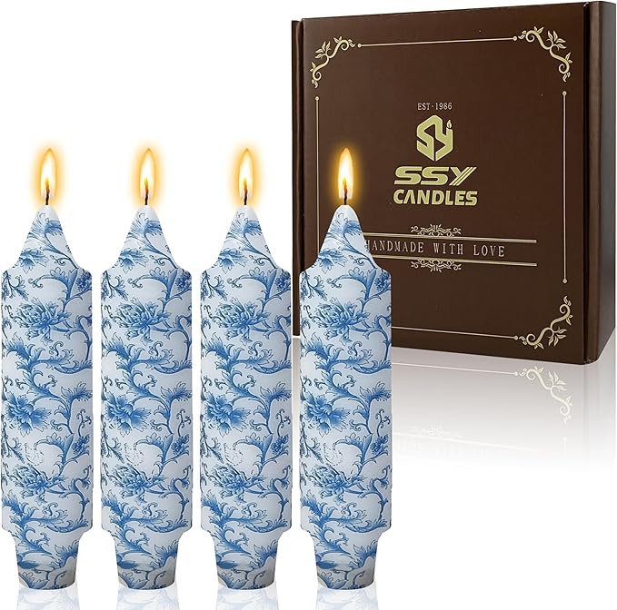 Blue and White Taper Candles 5 Inch Short Handmade Porcelain Style Candle Sticks Smokeless Unscented Tapered Candles for Meditation Housewarming Wedding Present Birthday Gift Special Occasion Spa
