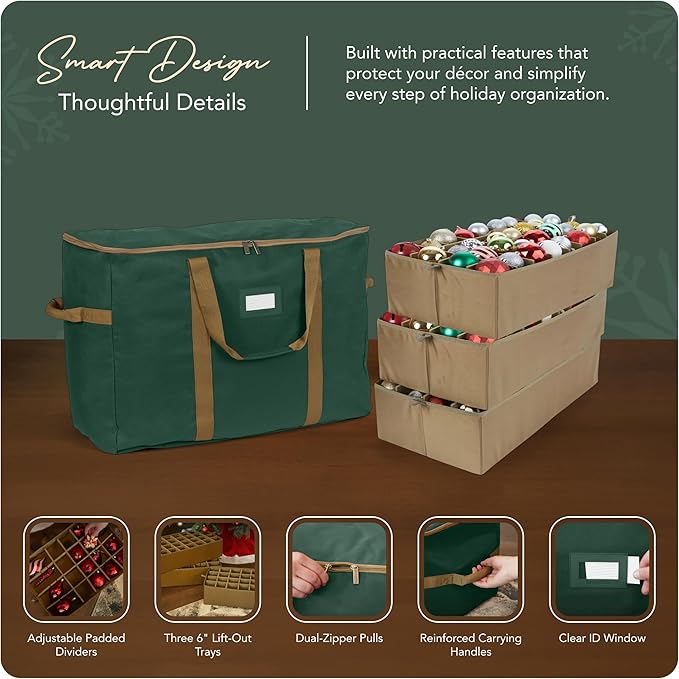 Covermates Keepsakes Adjustable Ornament Storage Bag – Heavy-Duty Polyester, Padded Dividers & FlexGrid Trays – Protective Holiday Ornament Organizer with Handles & Label Window, Green