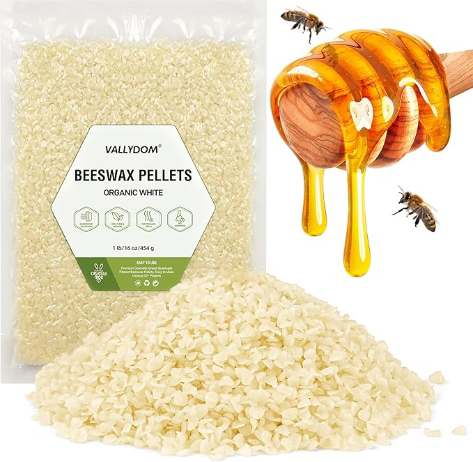 VALLYDOM Organic Beeswax Pellets - 453g White Beeswax Pastilles, Pure Natural Bulk Bees Wax Pellets for DIY Beeswax Making Candles Skin Care Lip Balm Soap Lotion (1lb)