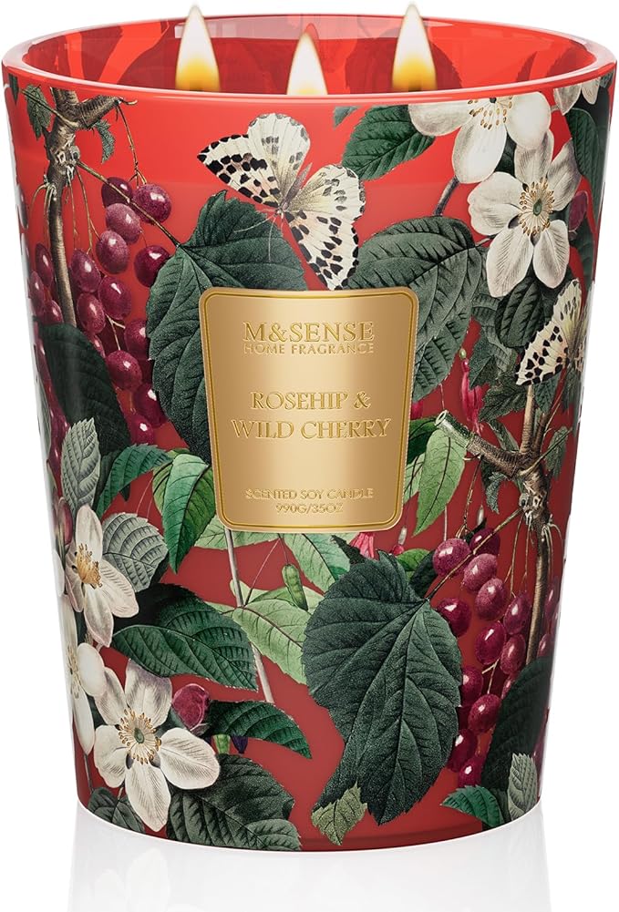 M&SENSE Wild Cherry Soy Large Candles, 3-Wick 35oz 150H Slow Burning, Aromatherapy Candle for Home Fragrance Romantic Winter Gifts for Women