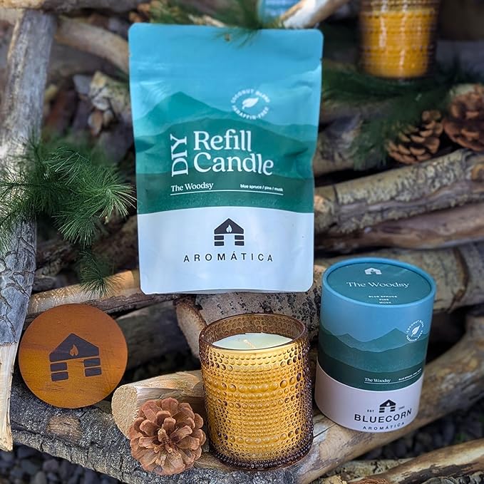 Bluecorn Aromática The Woodsy Scented Candle Refill Kit – Pine, Blue Spruce, Musk & Tonka | Clean-Burning Coconut Wax | Non-Toxic Fragrance | 100% Compostable Pouch | DIY Candle Refill | Made in USA