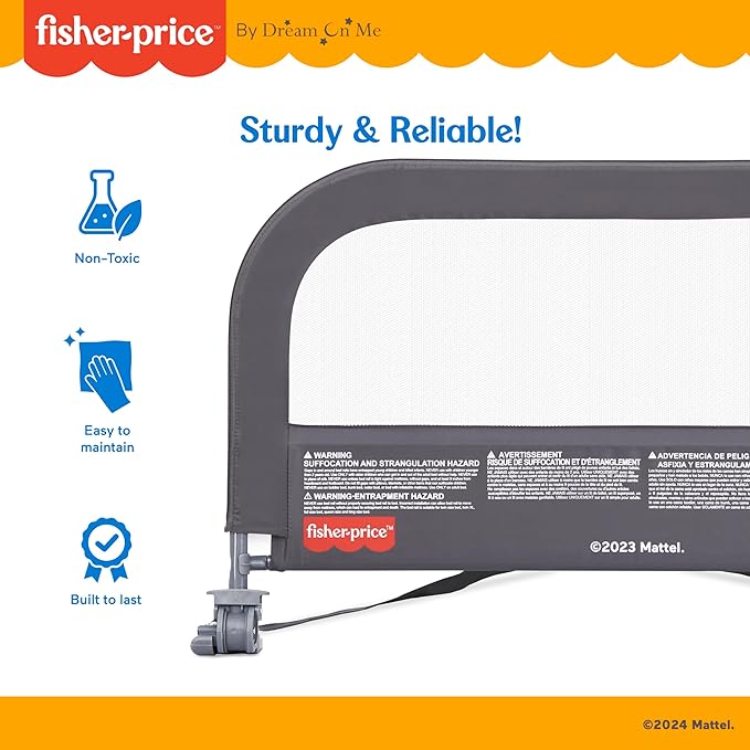 Dream On Me Fisher-Price Little Naps Bed Rail for Toddlers in Grey, Suitable for All Types of Beds, No Tool Assembly for Toddler Bed Rail