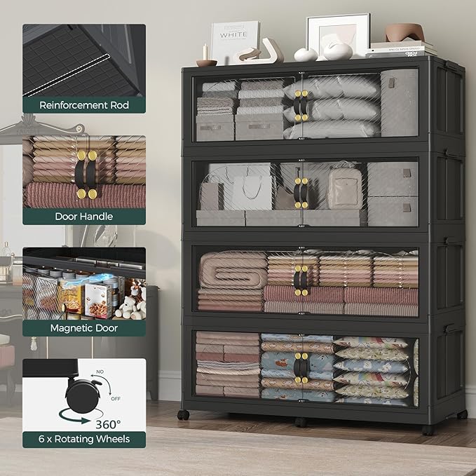 240GAL Plastic Storage Bins with Lid, 960QT Extra Large Stackable Closet Organizers and Storage, Collapsible Storage Boxes with Wheels, Folding Cabinet for Home Kitchen Office, 4Pack Black