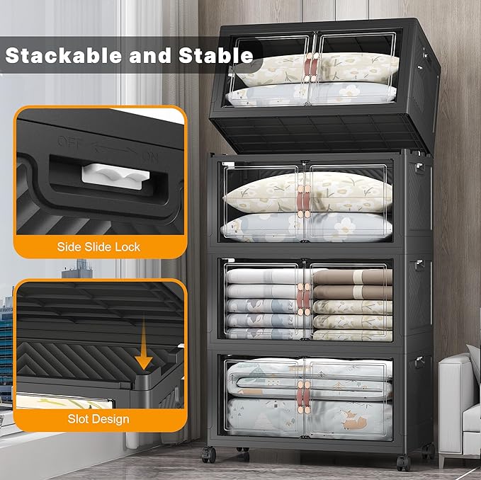 UAMFURI Stackable Storage Bins with Lids, 1280QT Closet Organizers and Storage with Doors and Wheels, Extra Large Storage Cabinet, Collapsible Plastic Drawers for Bedroom Kitchen Office Garage