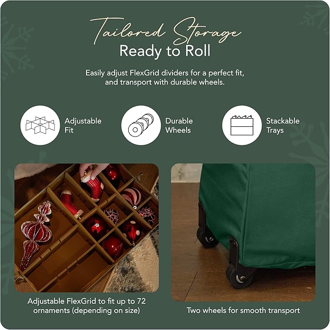 Covermates Keepsakes Rolling Adjustable Ornament Storage Bag – Heavy-Duty Polyester, FlexGrid Trays & Padded Dividers – Protective Holiday Organizer with Wheels, Handles & ID Window, Green