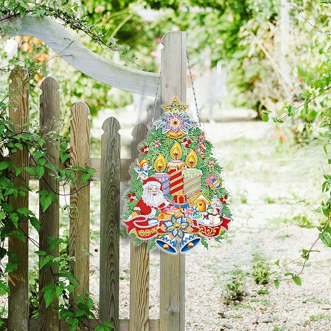 Christmas Tree Diamond Art Hanging Signs with LED Light String DIY Santa Claus Diamond Dots Painting Wreaths Hanging Ornaments Special Shaped Crystal by Number Mosaic Kits Porch Home Wall Door Decor