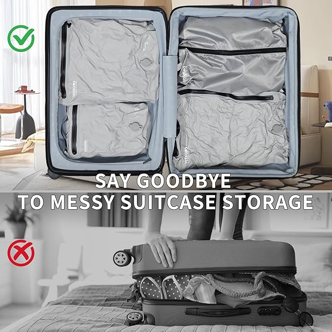 5 Set Vacuum Bags for Travel, Professional IPX8 Reusable Organizer, Compression Packing cube for Suitcases, Durable Seal Space Saver Bags -Traveling Essentials (Grey with Pump)