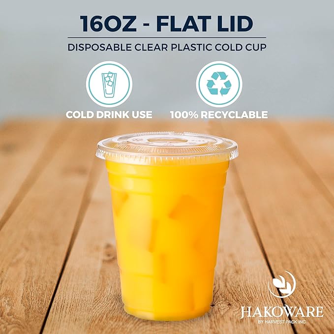 [600 SET]HAKOWARE by Harvest Pack 16 oz Ultra Clear Plastic Cold Cups with Flat Lids, Disposable Wedding Party Drinking Cups Tumblers, Iced Coffee Beer Juice Cold Beverage